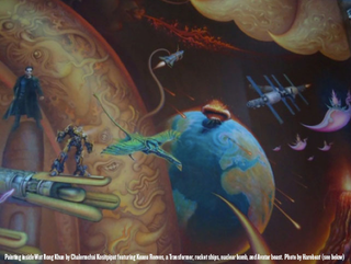 Illustration for article titled A Buddhist temple adorned with paintings of Superman, Neo, and other scifi heroes